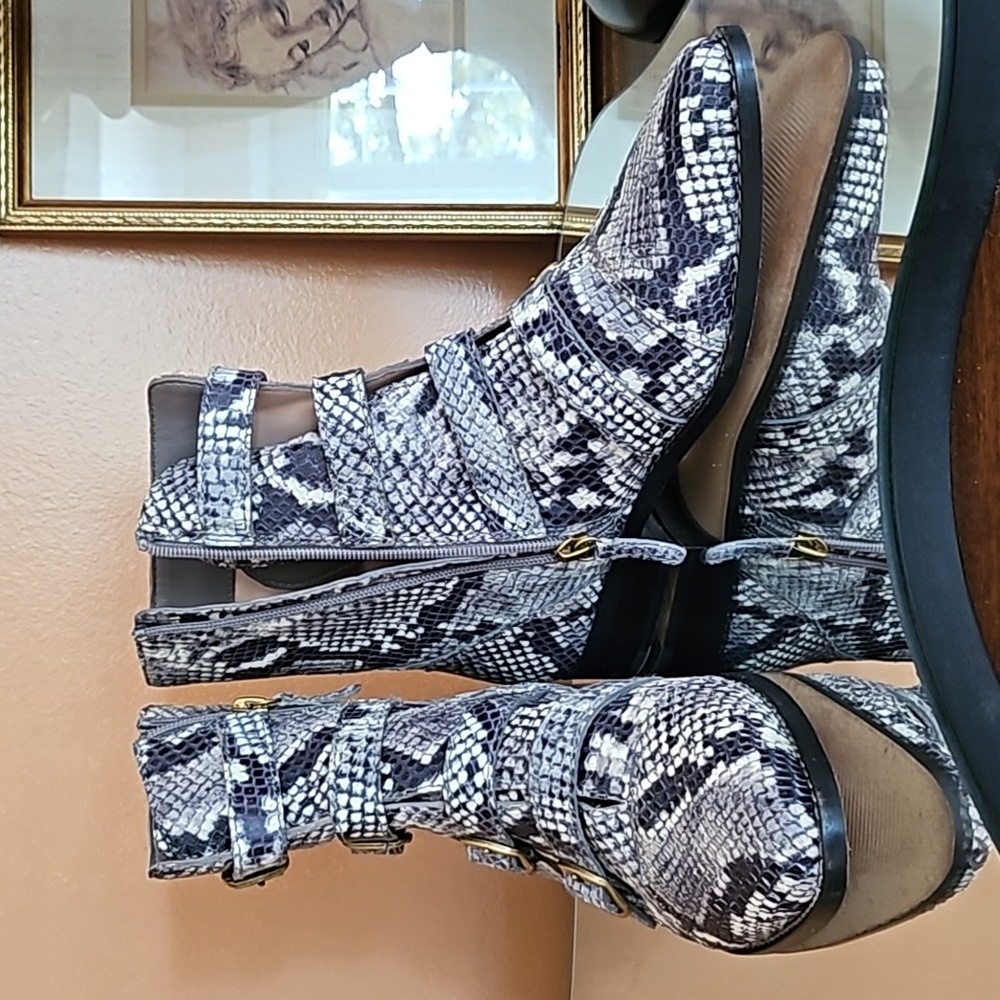 J. Crew Snake Print Leather Ankle Zipper Boots.